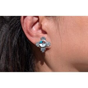 Zuni Earrings for Women‎ Handmade Zia Native American Design Sterling Siver